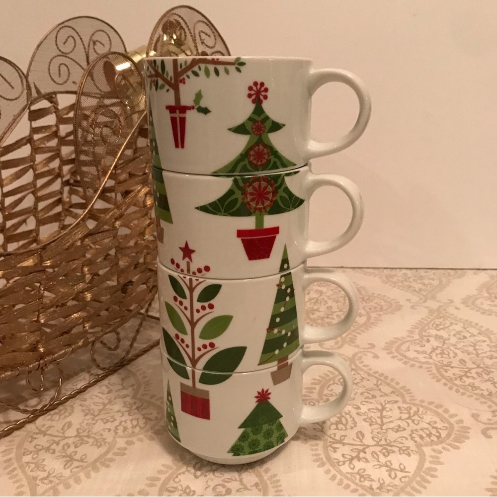 Pier 1 Imports Stacking Christmas Holiday Coffee Mugs Tea Cups Set of 4